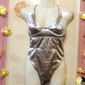 Shiny (S) Silver Metallic Look Bodysuit - NWOT